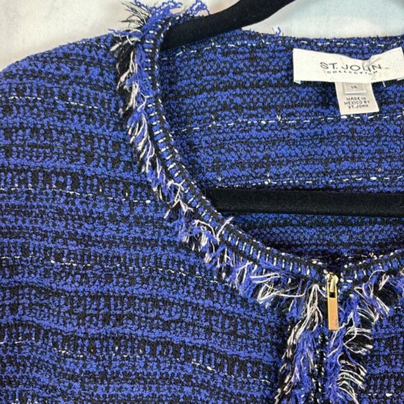 St John Women’s Knit Full zip blue tweed fringe sweater size 14 workwear luxury - Picture 2 of 12